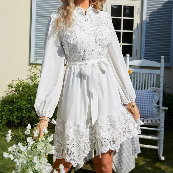 MODA ME COUTURE Dresses & Skirts - Lace detailed Lantern Sleeve Belted Dress White
